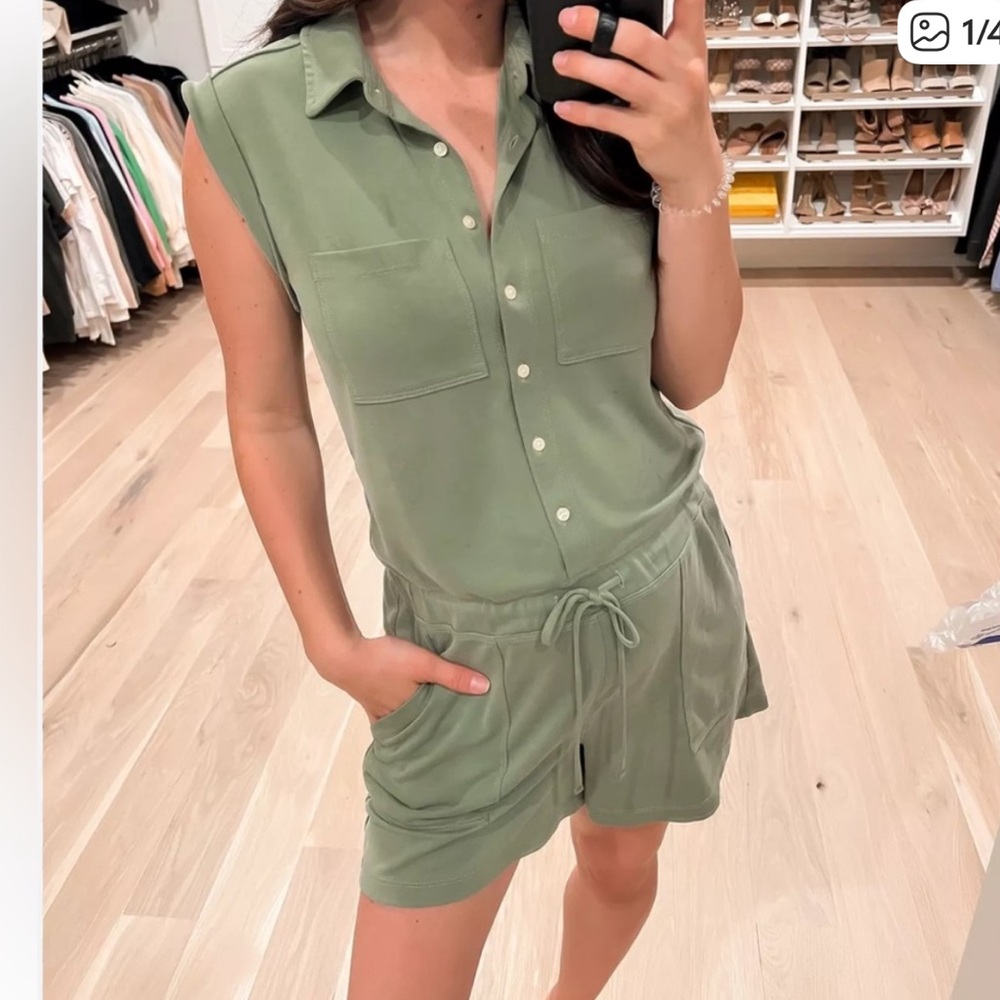 Lou & Grey Sage Green Romper - super soft, button front, pockets